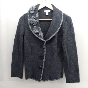Tweeds Petite Boiled Wool Cardigan Womens PS Charcoal Rosette Collar Pockets